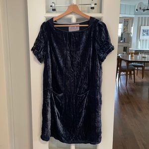 Crushed blue velvet shift dress with front pockets